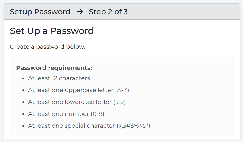 Set up password window screen shot